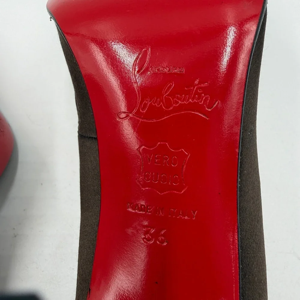 Christian Louboutin Veee Pumps Brown Satin V-Cut Pointed Toe Heels 36 / 6